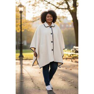 Le Moda Lord Daniel Sportswear White Fleece Button-Up Poncho Cape Black Trim Wom